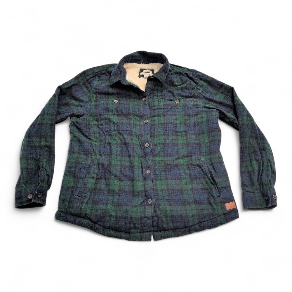 L.L. Bean Green & Navy Plaid Sherpa-Lined Button-Down Shirt Jacket.
